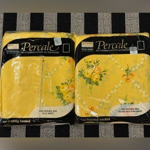 Vintage Montgomery Ward Percale Yellow Floral Sheets Double Flat & Fitted NOS